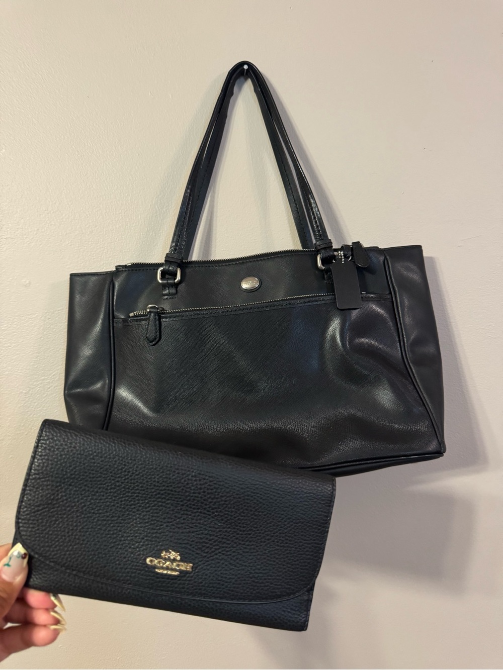 Coach Black Leather Tote with Matching Wallet Set